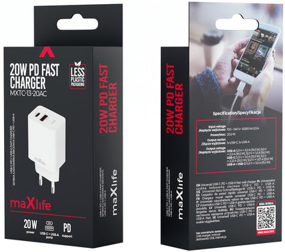 Punjač za mrežu MaXlife MXTC-13-20AC, 20W, 3A, 1 x USB-A - 1 x USB-C, Bijeli