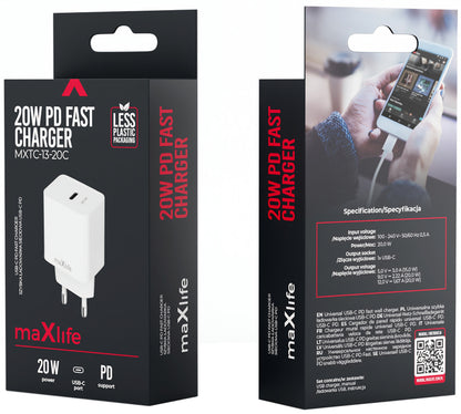 Punjač za mrežu MaXlife MXTC-13-20C, 20W, 3A, 1 x USB-C, Bijeli