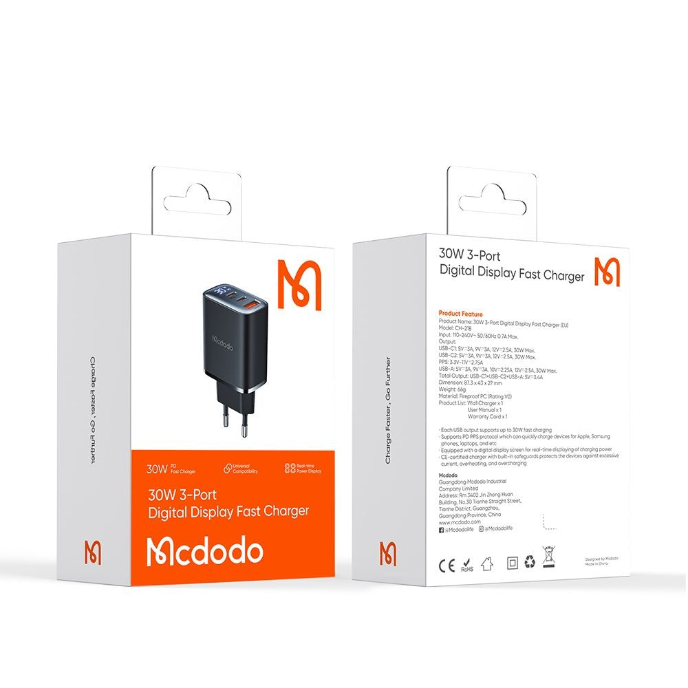 Mrežni punjač McDodo CH-2180 Display, 30W, 3A, 1 x USB-A - 2 x USB-C, Crni