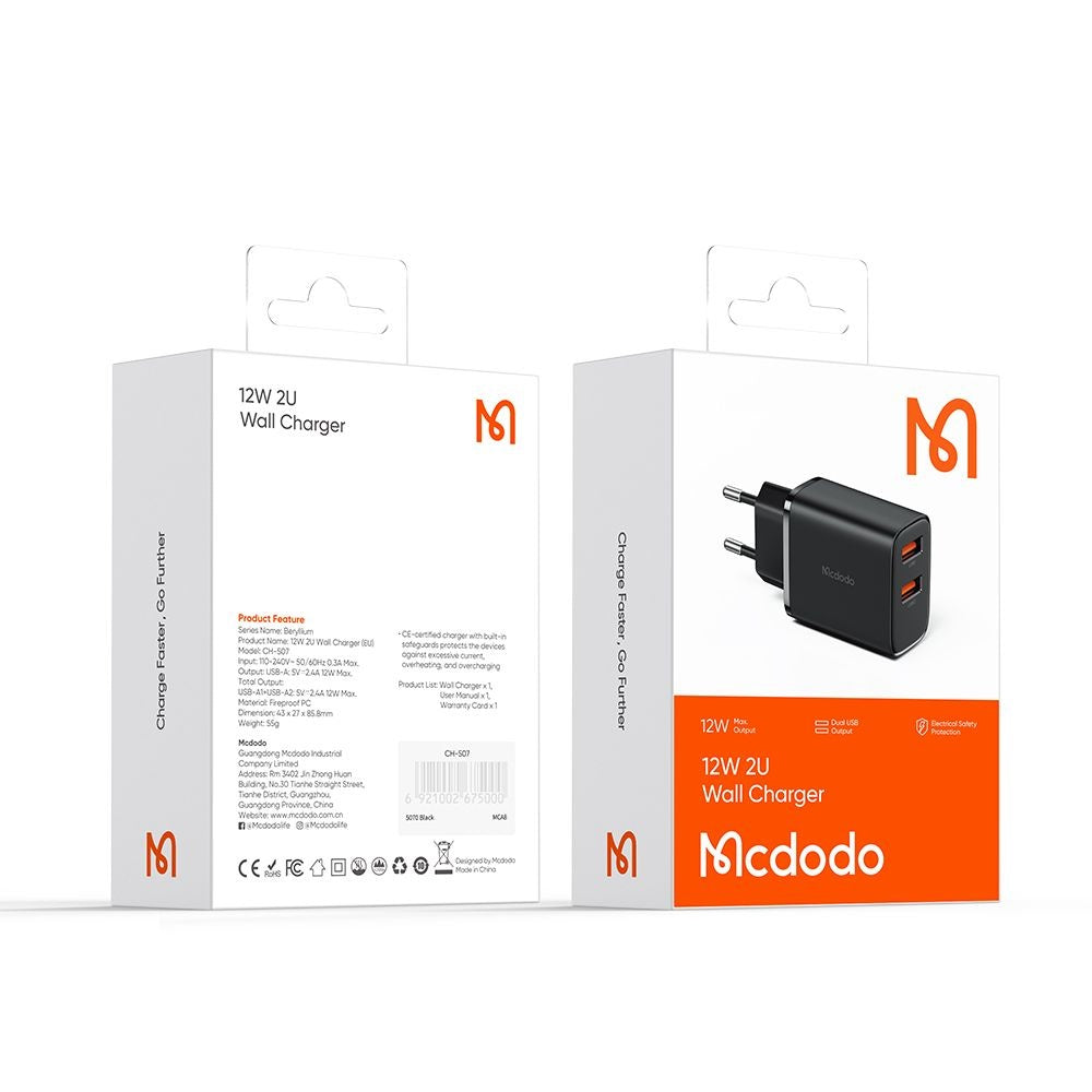 Mrežni punjač McDodo CH-5070 Beryllium, 12W, 2.4A, 2 x USB-A, Crni