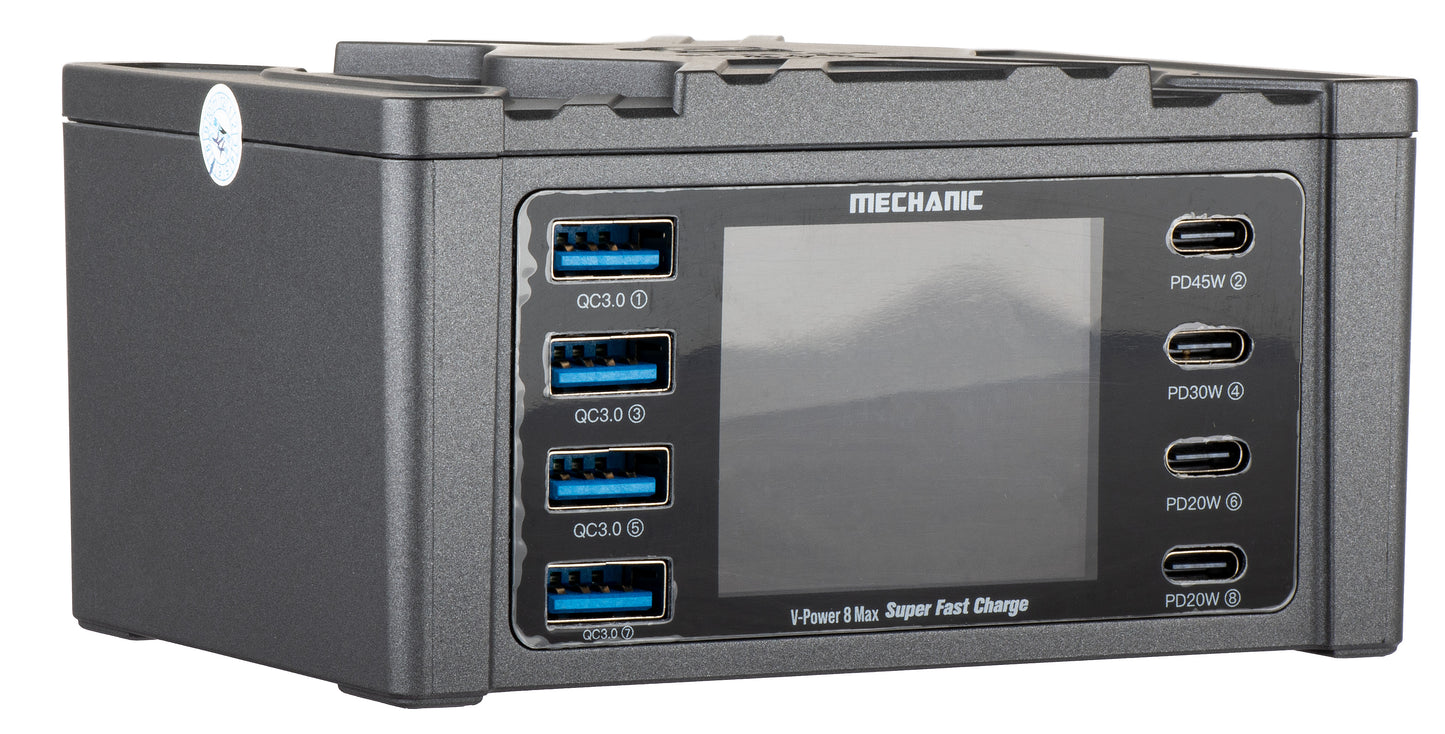 Punjač Stanica Mechanic V-Power Max s zaslonom, 115W, 3A, 4 x USB-A - 4 x USB-C, Crna