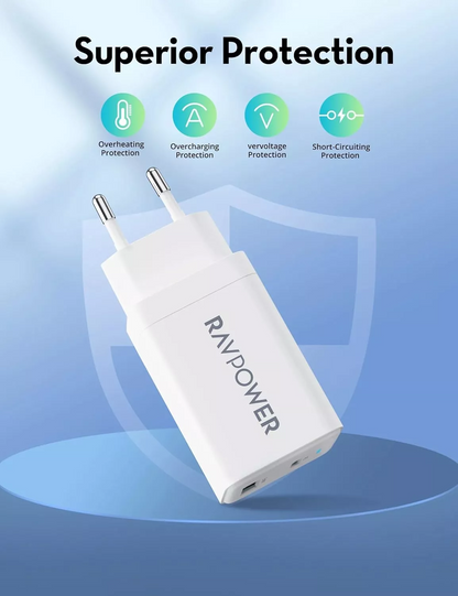 Punjač za mrežu RavPower RP-PC171, 45W, 3A, 1 x USB-A - 1 x USB-C, Bijela