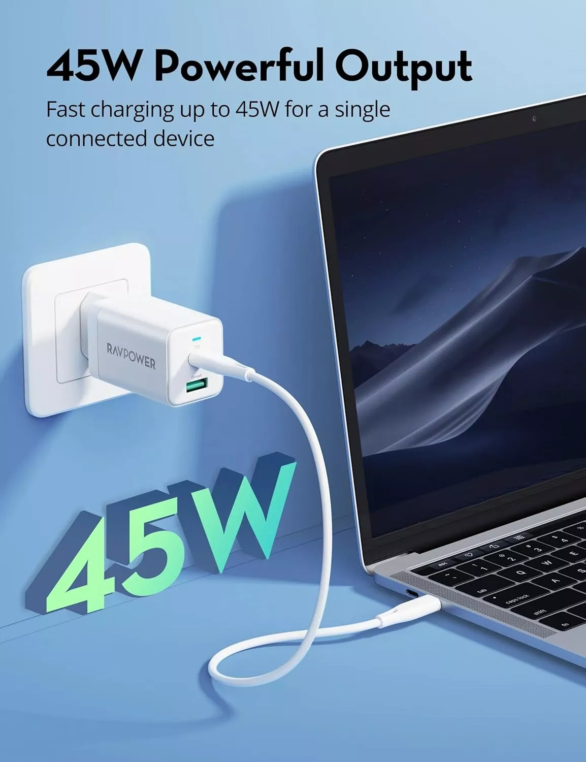 Punjač za mrežu RavPower RP-PC171, 45W, 3A, 1 x USB-A - 1 x USB-C, Bijela