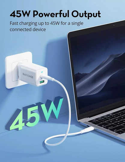 Punjač za mrežu RavPower RP-PC171, 45W, 3A, 1 x USB-A - 1 x USB-C, Bijela