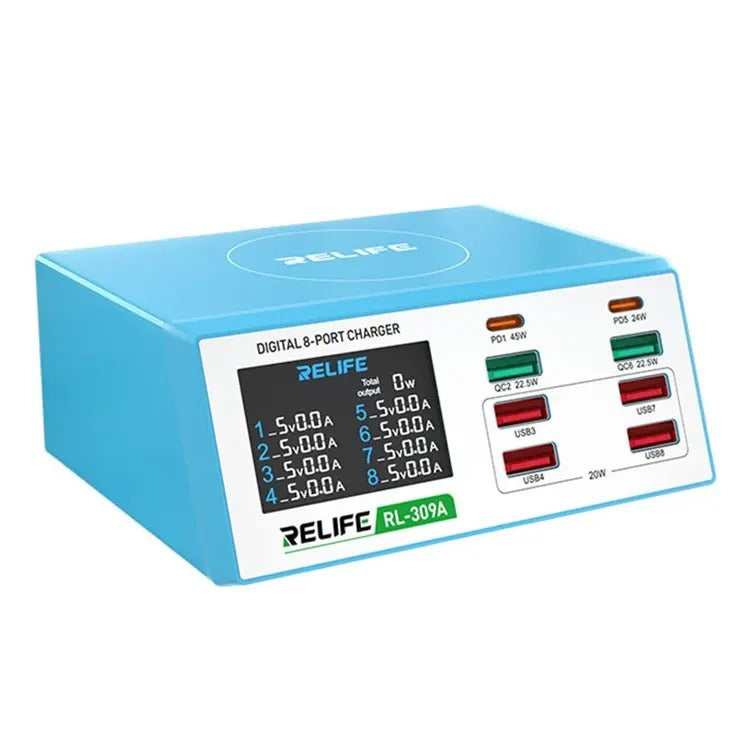 Punjač Stanica Relife RL-309A, 100W, 4.5A, 2 x USB-C - 6 x USB-A, Plava