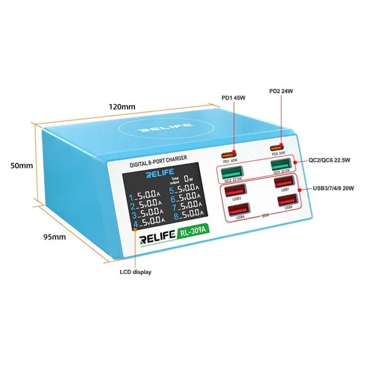 Punjač Stanica Relife RL-309A, 100W, 4.5A, 2 x USB-C - 6 x USB-A, Plava