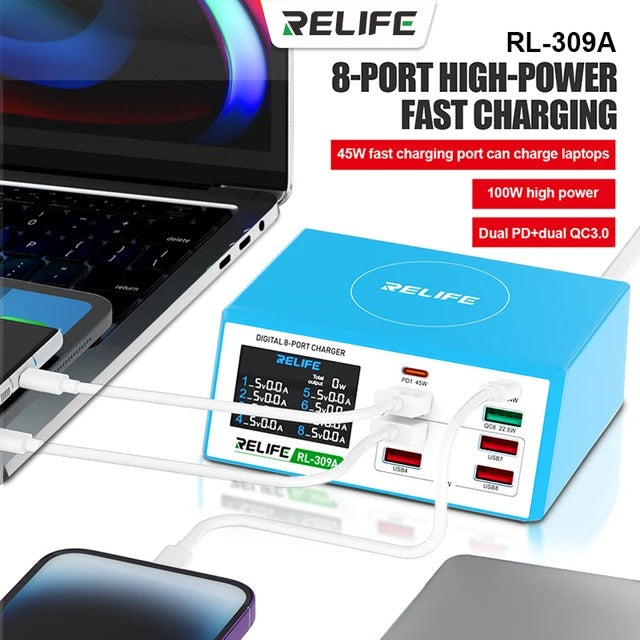Punjač Stanica Relife RL-309A, 100W, 4.5A, 2 x USB-C - 6 x USB-A, Plava