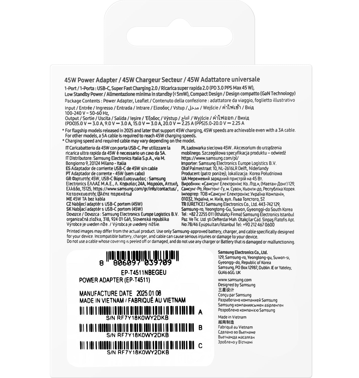 Samsung mrežni punjač, 45W, 4.05A, 1 x USB-C, Crni EP-T4511NBEGEU