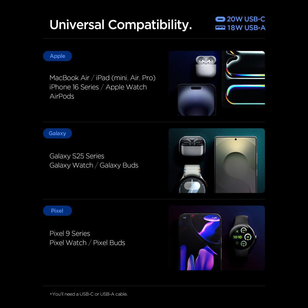 Mrežni punjač Spigen Essential, 20W, 3A, 1 x USB-A - 1 x USB-C, Bijeli