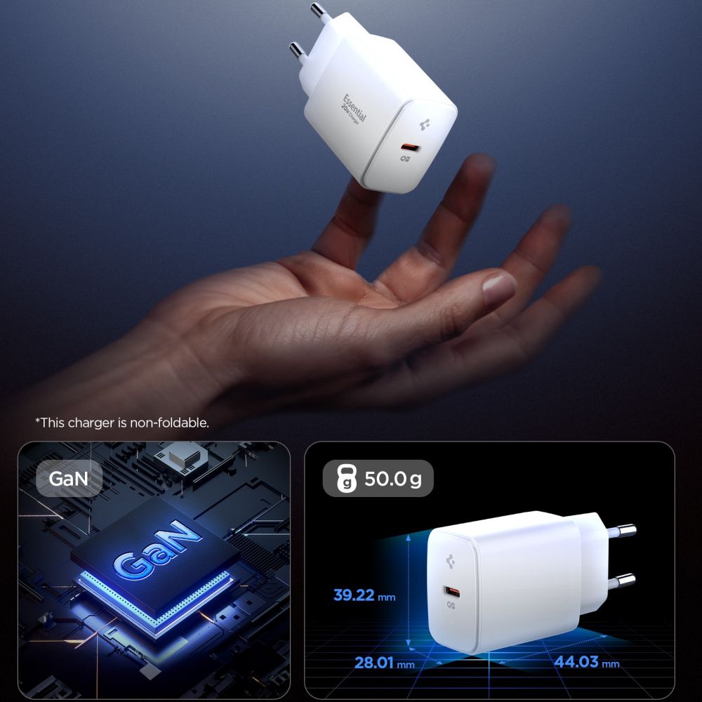 Punjač mreže Spigen Essential, 20W, 3A, 1 x USB-C, Bijeli
