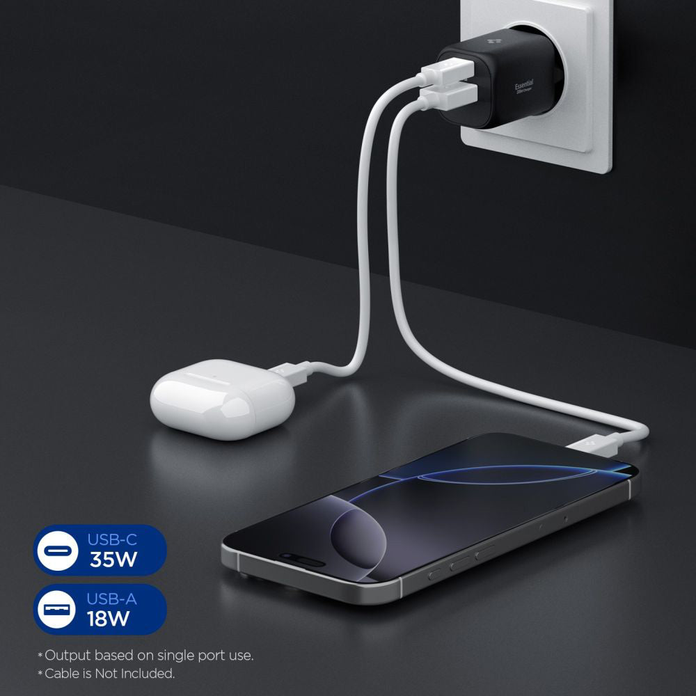 Punjač mreže Spigen Essential, 35W, 3A, 1 x USB-A - 1 x USB-C, Crni