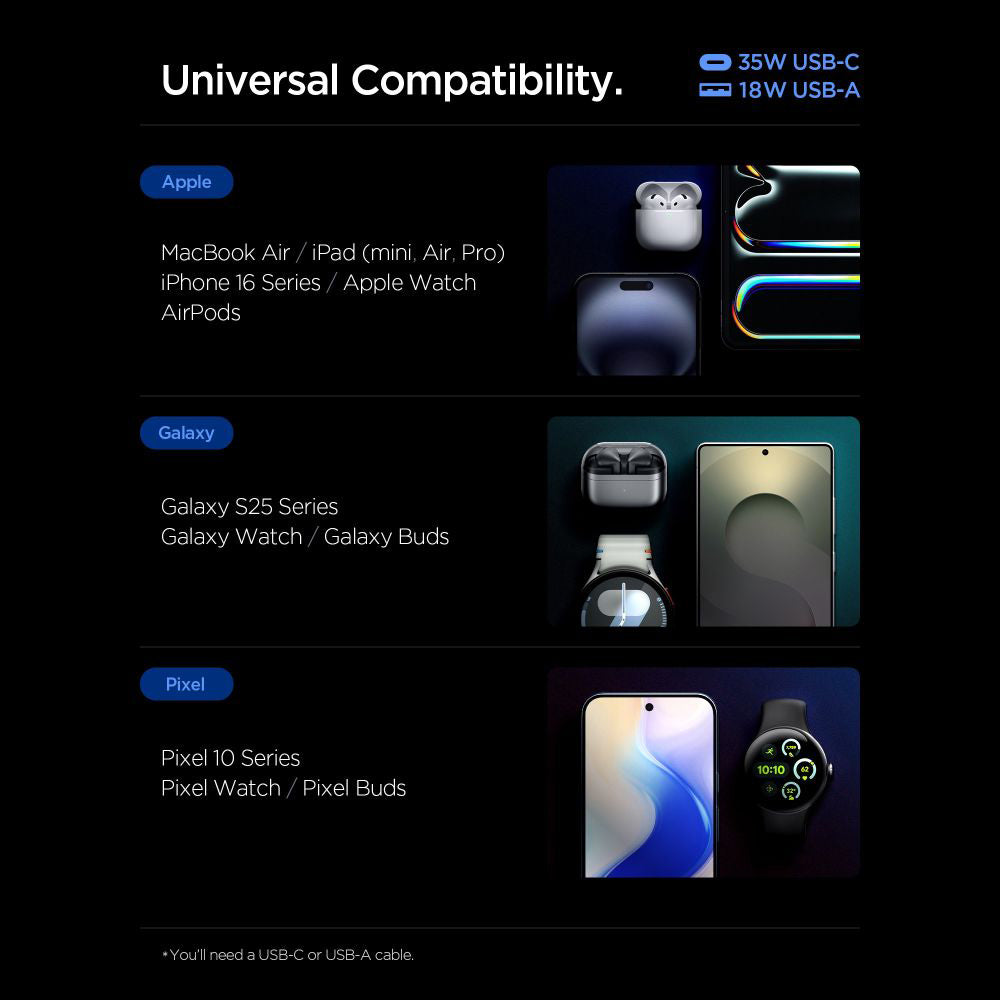 Punjač mreže Spigen Essential, 35W, 3A, 1 x USB-A - 1 x USB-C, Crni