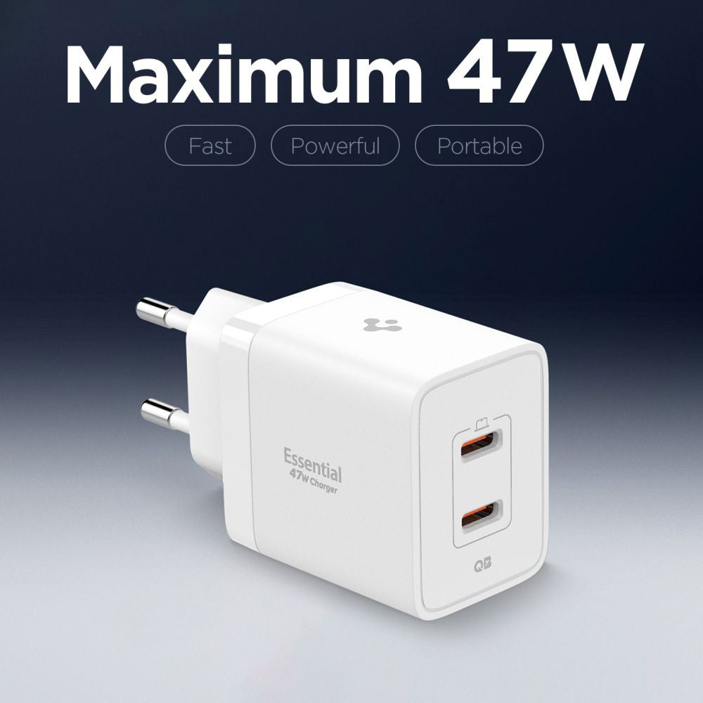 Punjač mreže Spigen Essential, 47W, 3A, 2 x USB-C, Bijeli