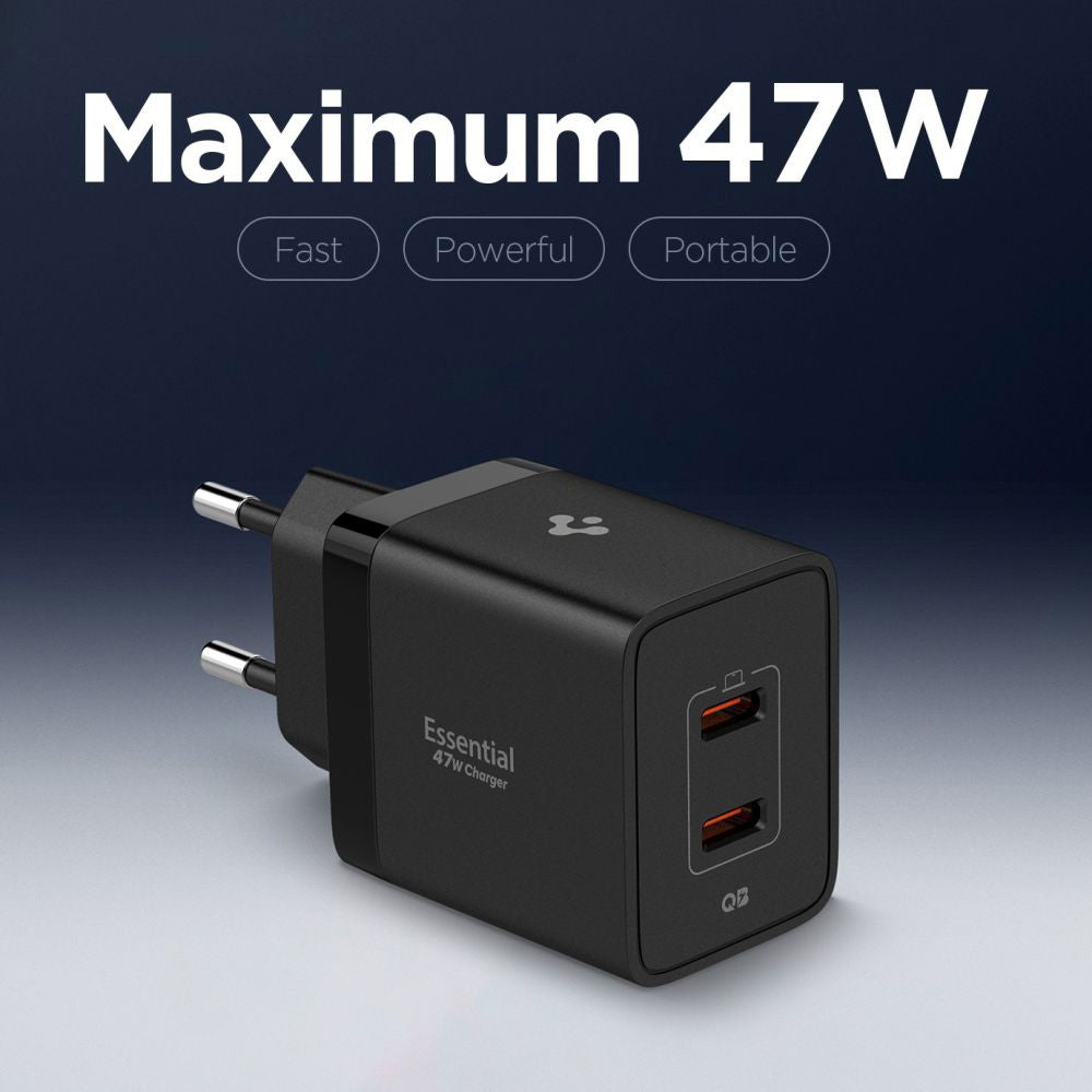 Punjač mreže Spigen Essential, 47W, 3A, 2 x USB-C, Crni