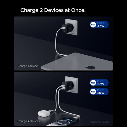 Punjač mreže Spigen Essential, 47W, 3A, 2 x USB-C, Crni