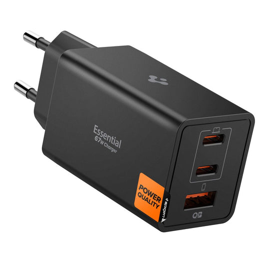 Punjač Spigen Essential, 67W, 3.25A, 1 x USB-A - 2 x USB-C, Crni