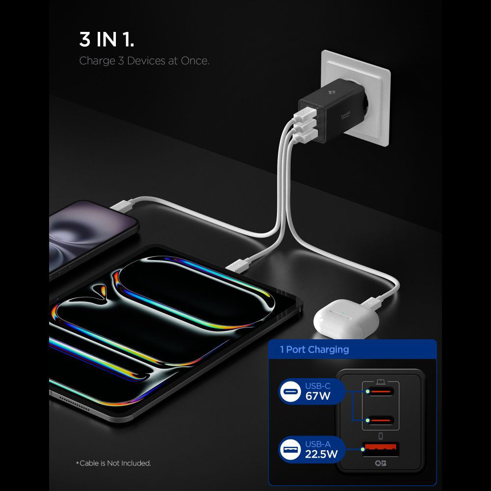 Punjač Spigen Essential, 67W, 3.25A, 1 x USB-A - 2 x USB-C, Crni