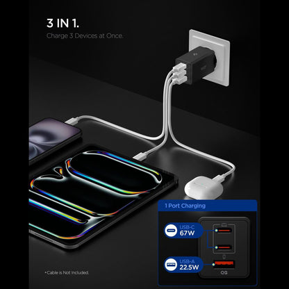 Punjač Spigen Essential, 67W, 3.25A, 1 x USB-A - 2 x USB-C, Crni
