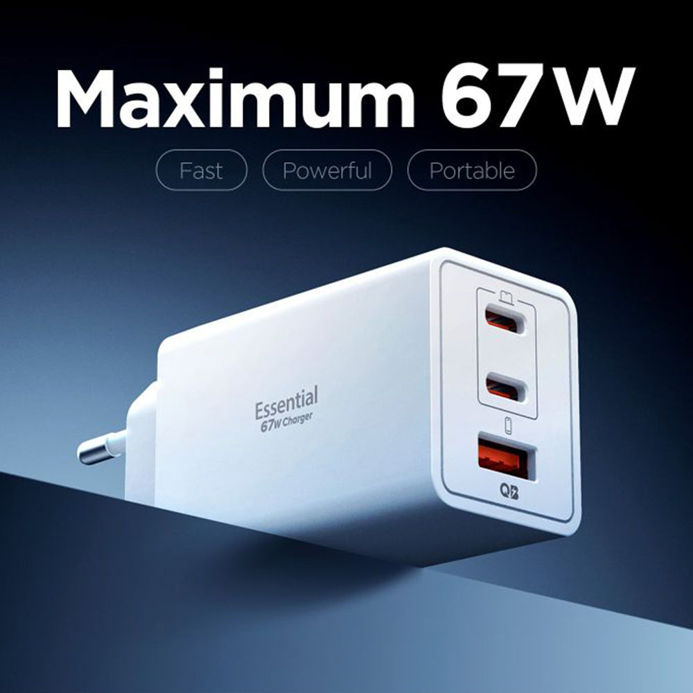 Mrežni punjač Spigen Essential, 67W, 3.25A, 1 x USB-A - 2 x USB-C, Bijeli ACH08710