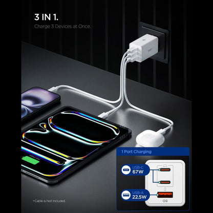 Mrežni punjač Spigen Essential, 67W, 3.25A, 1 x USB-A - 2 x USB-C, Bijeli ACH08710