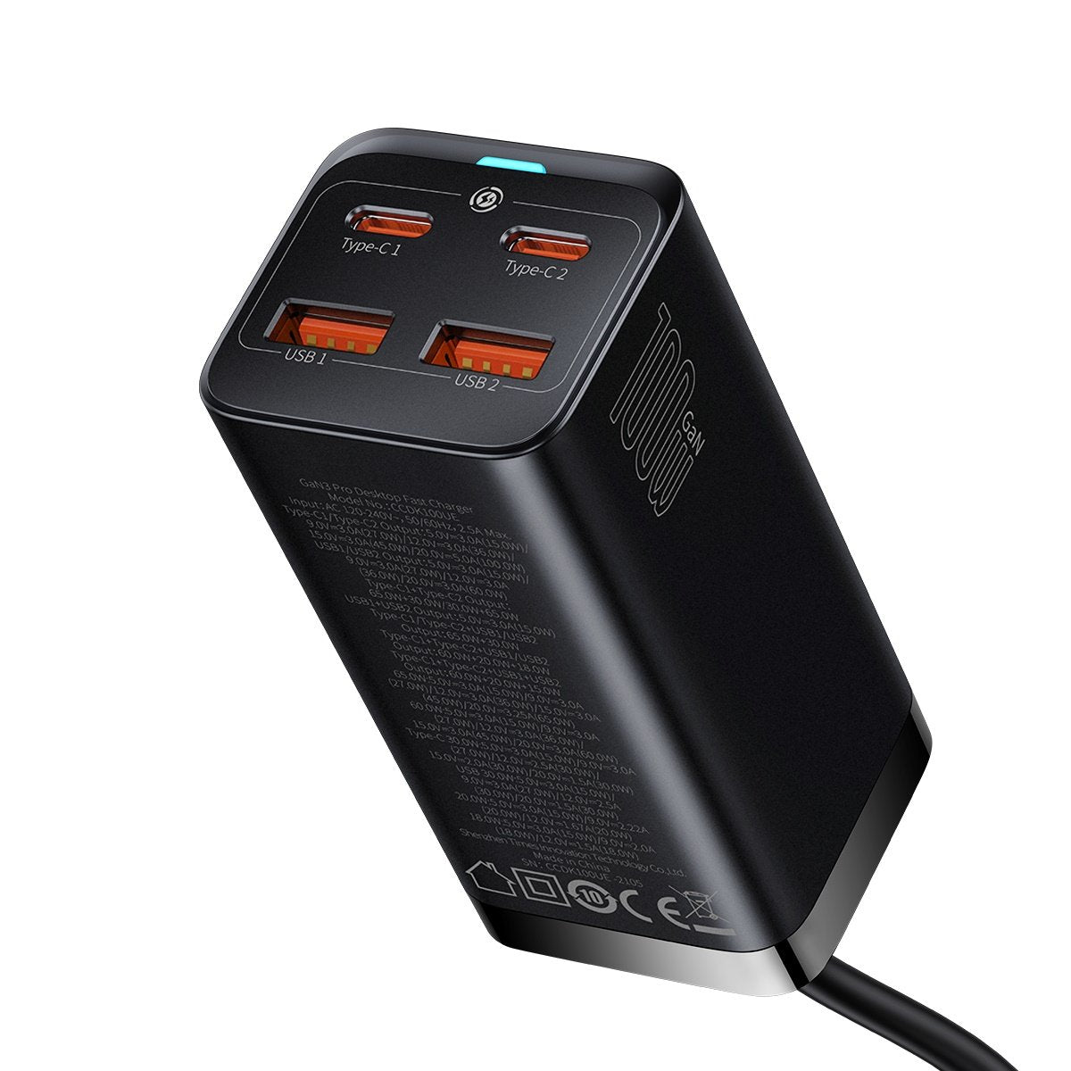 Punjač Stanica Baseus GaN3 Pro, 100W, 5A, 2 x USB-A - 2 x USB-C, Crni CCGP000101