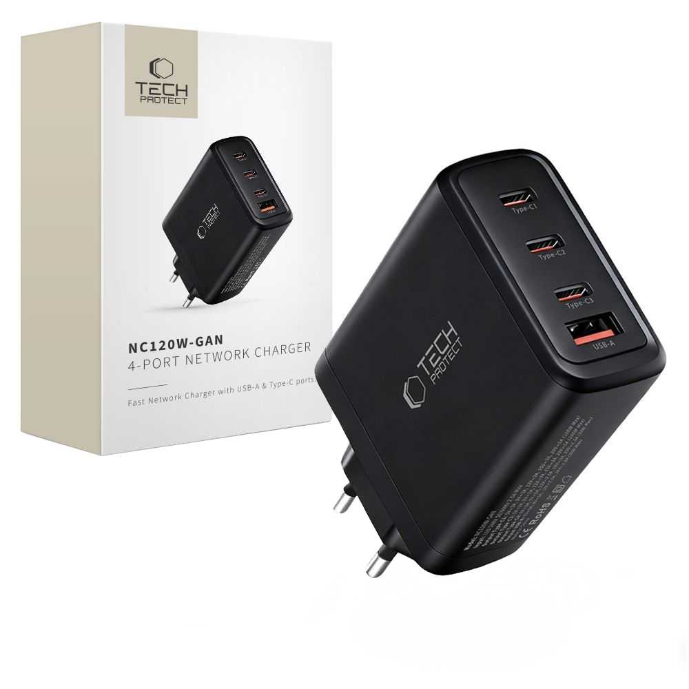 Mrežni punjač Tech-Protect NC120W-GAN, 120W, 5A, 1 x USB-A - 3 x USB-C, Crni