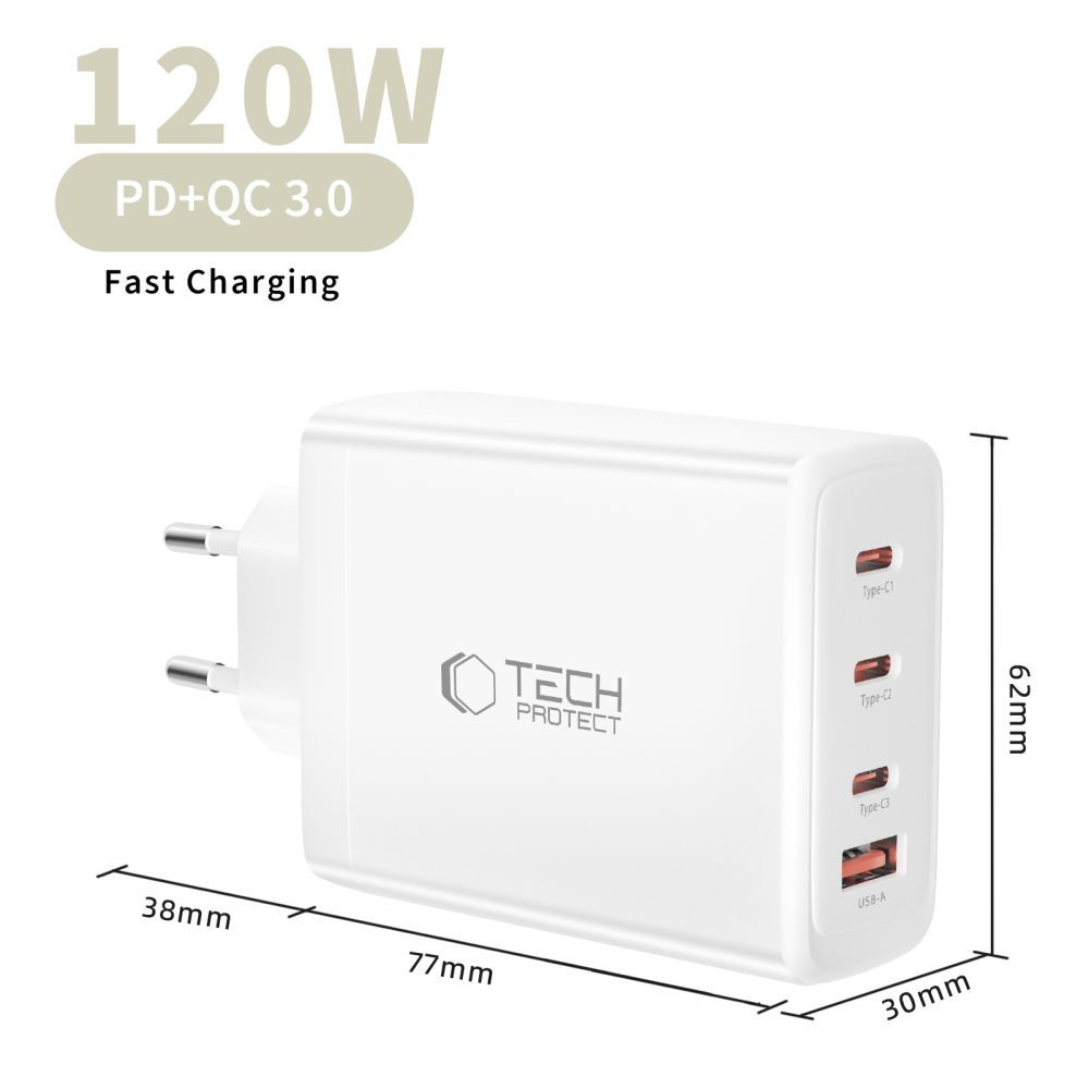 Mrežni punjač Tech-Protect NC120W-GAN, 120W, 5A, 1 x USB-A - 3 x USB-C, Bijeli