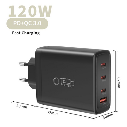 Mrežni punjač Tech-Protect NC120W-GAN, 120W, 5A, 1 x USB-A - 3 x USB-C, Crni