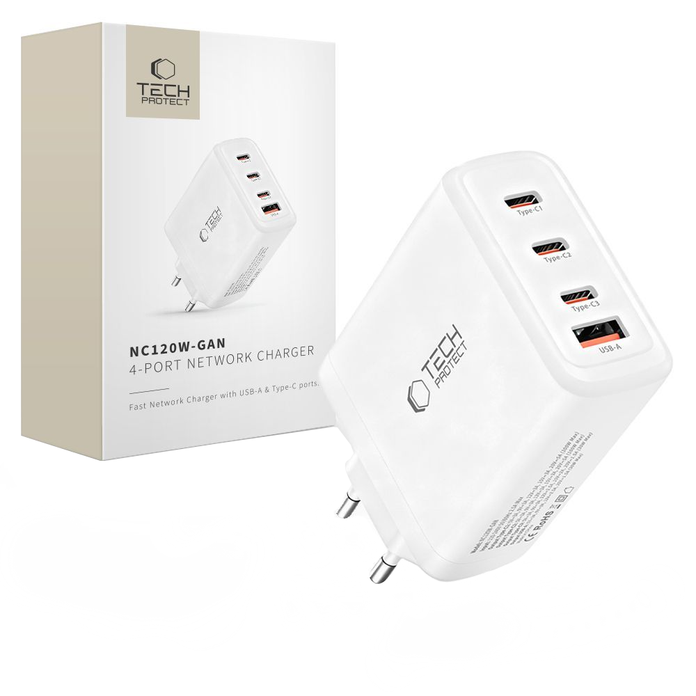 Mrežni punjač Tech-Protect NC120W-GAN, 120W, 5A, 1 x USB-A - 3 x USB-C, Bijeli