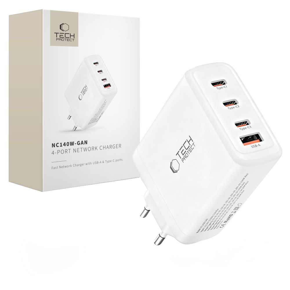 Punjač mreže Tech-Protect NC140W-GAN, 140W, 5A, 1 x USB-A - 3 x USB-C, Bijeli