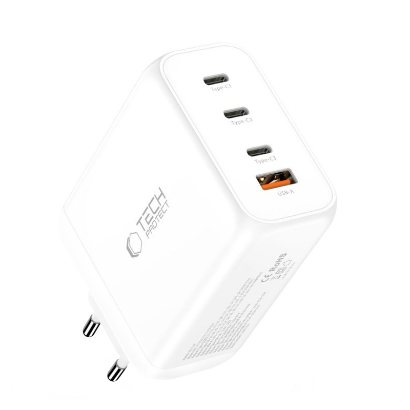 Mrežni punjač Tech-Protect NC200W-GAN, 200W, 5A, 1 x USB-A - 3 x USB-C, Bijeli