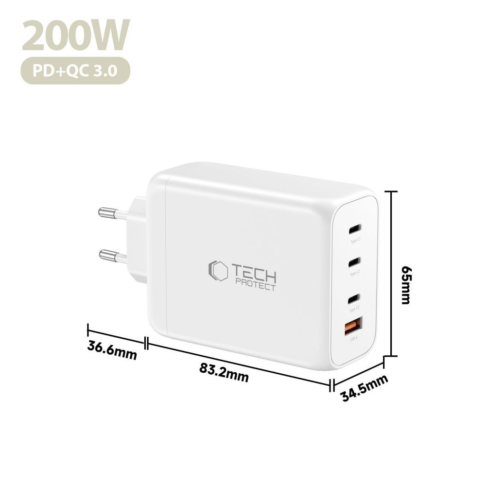 Mrežni punjač Tech-Protect NC200W-GAN, 200W, 5A, 1 x USB-A - 3 x USB-C, Bijeli