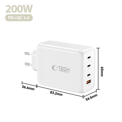 Mrežni punjač Tech-Protect NC200W-GAN, 200W, 5A, 1 x USB-A - 3 x USB-C, Bijeli
