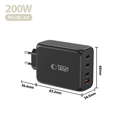Mrežni punjač Tech-Protect NC200W-GAN, 200W, 5A, 1 x USB-A - 3 x USB-C, Crni