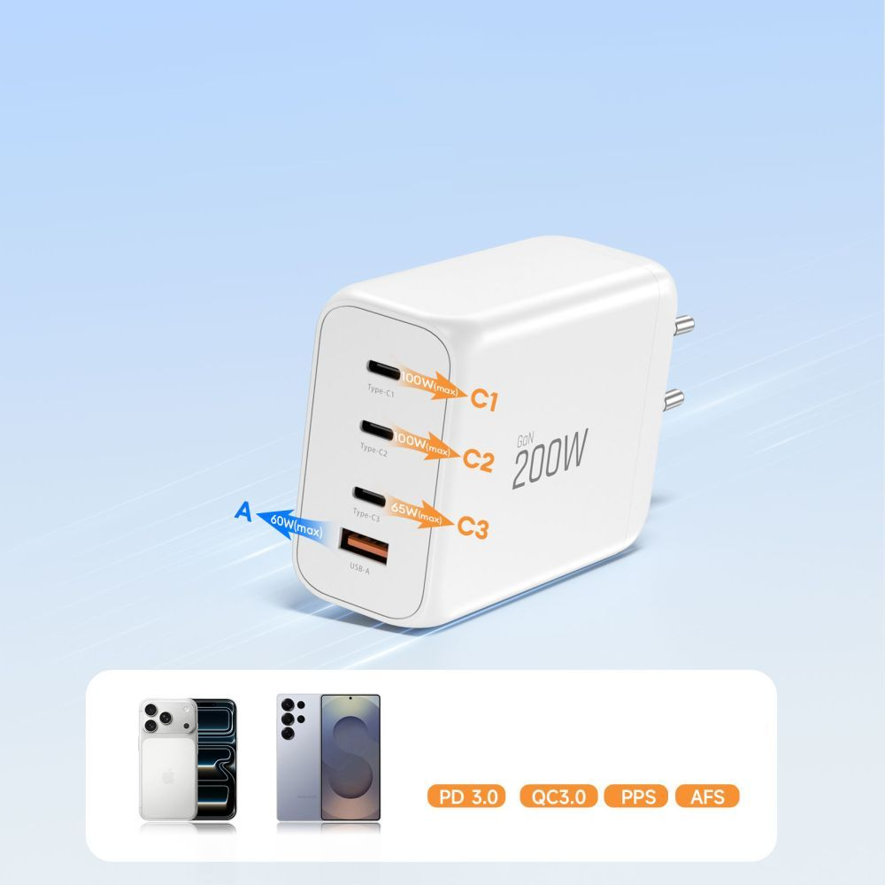 Mrežni punjač Tech-Protect NC200W-GAN, 200W, 5A, 1 x USB-A - 3 x USB-C, Bijeli