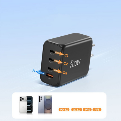 Mrežni punjač Tech-Protect NC200W-GAN, 200W, 5A, 1 x USB-A - 3 x USB-C, Crni