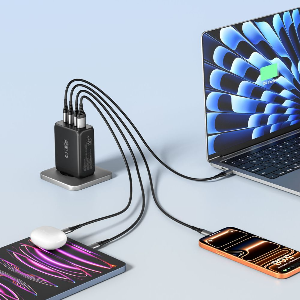 Mrežni punjač Tech-Protect NC200W-GAN, 200W, 5A, 1 x USB-A - 3 x USB-C, Crni