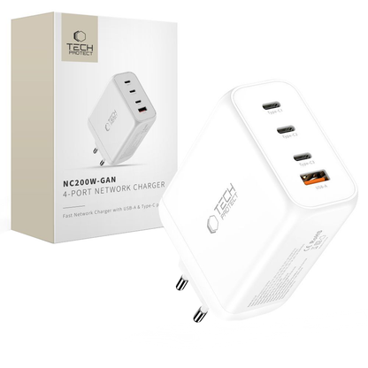 Mrežni punjač Tech-Protect NC200W-GAN, 200W, 5A, 1 x USB-A - 3 x USB-C, Bijeli