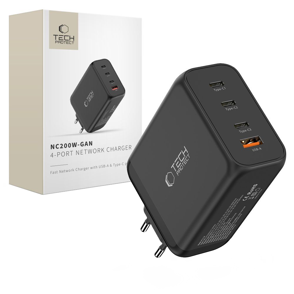 Mrežni punjač Tech-Protect NC200W-GAN, 200W, 5A, 1 x USB-A - 3 x USB-C, Crni