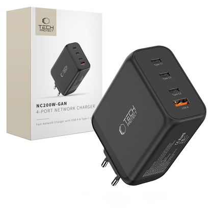 Mrežni punjač Tech-Protect NC200W-GAN, 200W, 5A, 1 x USB-A - 3 x USB-C, Crni