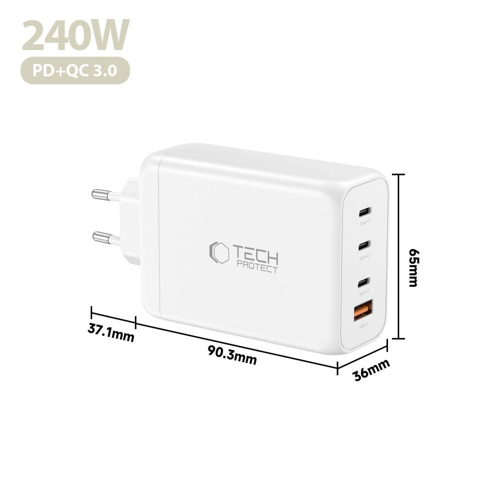 Punjač mreže Tech-Protect NC240W-GAN, 240W, 5A, 1 x USB-A - 3 x USB-C, Bijeli