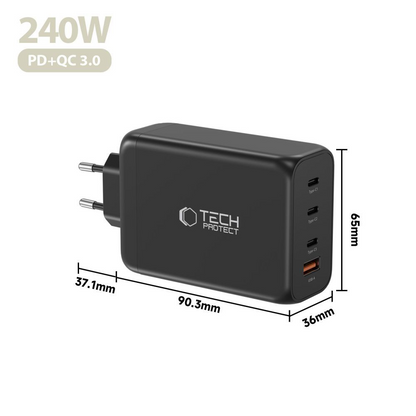 Punjač mreže Tech-Protect NC240W-GAN, 240W, 5A, 1 x USB-A - 3 x USB-C, Crni