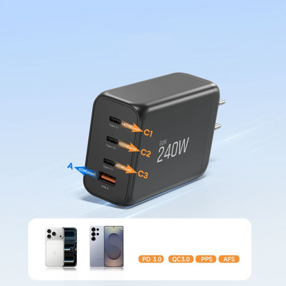 Punjač mreže Tech-Protect NC240W-GAN, 240W, 5A, 1 x USB-A - 3 x USB-C, Crni