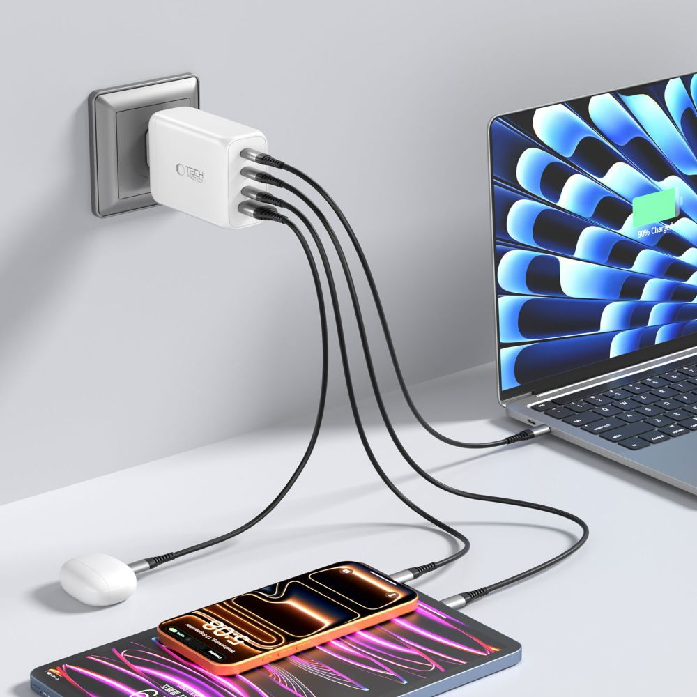 Punjač mreže Tech-Protect NC240W-GAN, 240W, 5A, 1 x USB-A - 3 x USB-C, Bijeli