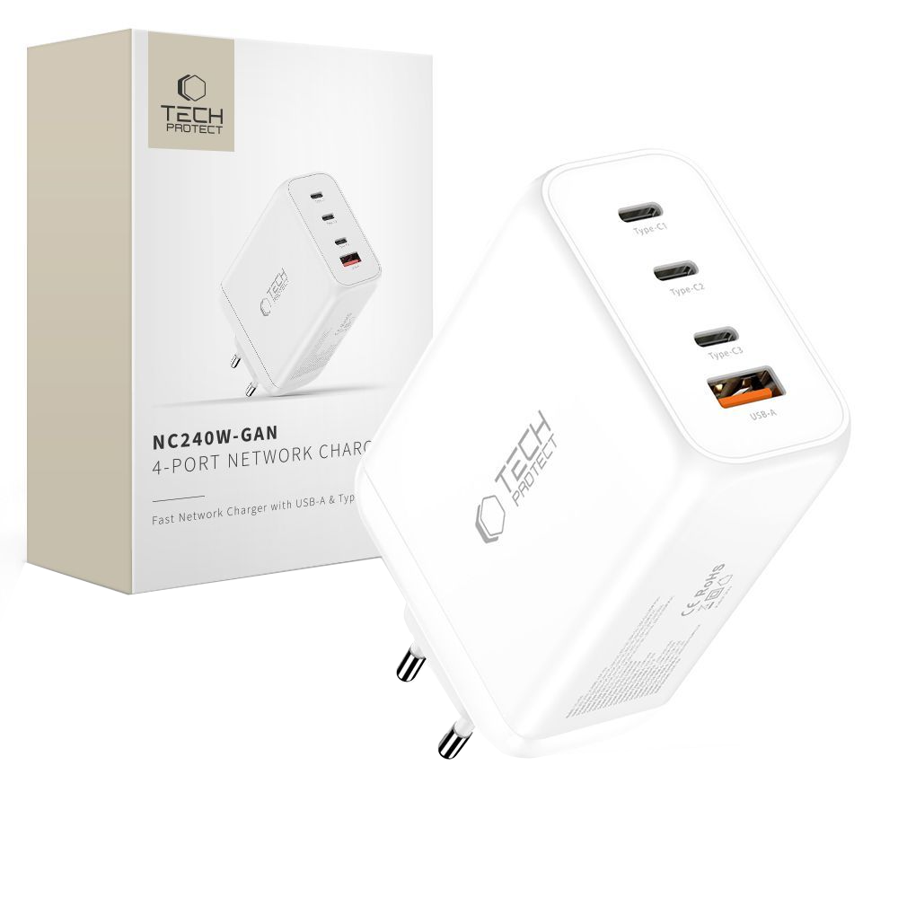 Punjač mreže Tech-Protect NC240W-GAN, 240W, 5A, 1 x USB-A - 3 x USB-C, Bijeli