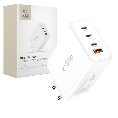 Punjač mreže Tech-Protect NC240W-GAN, 240W, 5A, 1 x USB-A - 3 x USB-C, Bijeli