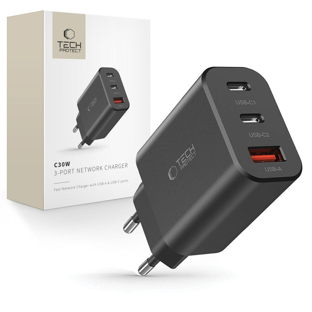 Punjač za mrežu Tech-Protect NC30W, 30W, 3A, 1 x USB-A - 2 x USB-C, Crni