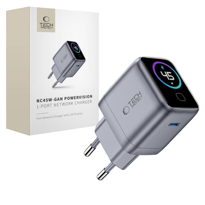 Punjač za mrežu Tech-Protect NC45W Display, 45W, 3A, 1 x USB-C, Siva