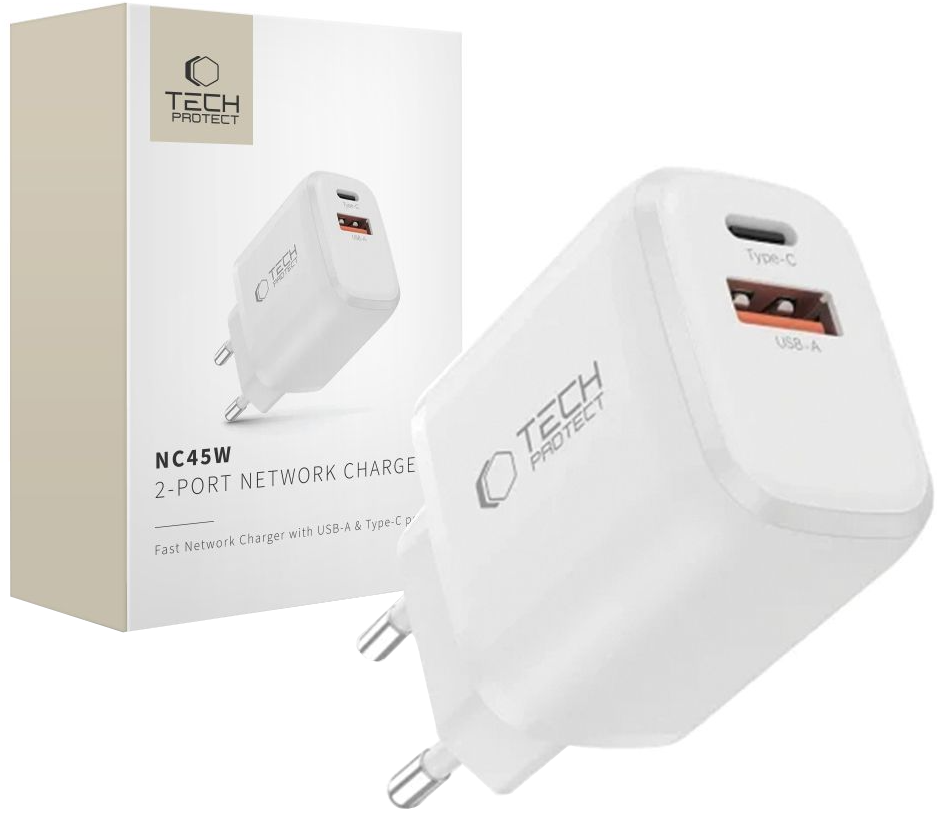 Punjač mreže Tech-Protect NCA45W, 45W, 3A, 1 x USB-A - 1 x USB-C, Bijeli