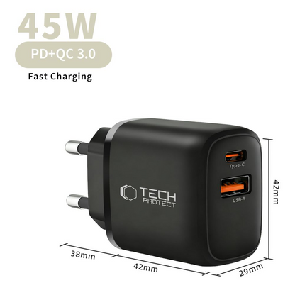 Mrežni punjač Tech-Protect NCA45W, 45W, 3A, 1 x USB-A - 1 x USB-C, Crni